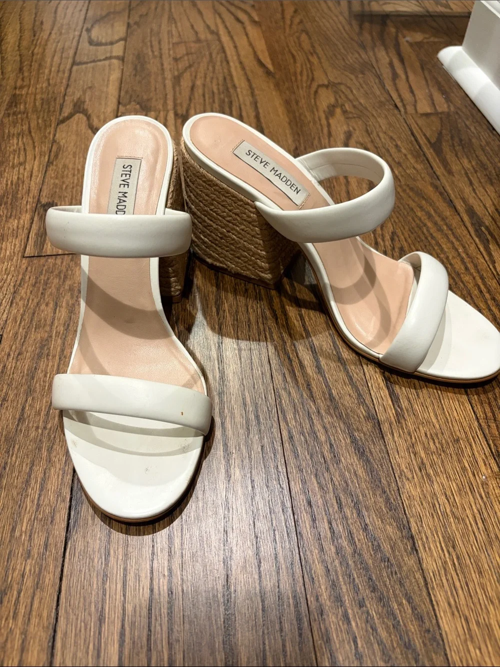 Steve Madden Cream Double-Strap Wedge Sandals with Woven Platform